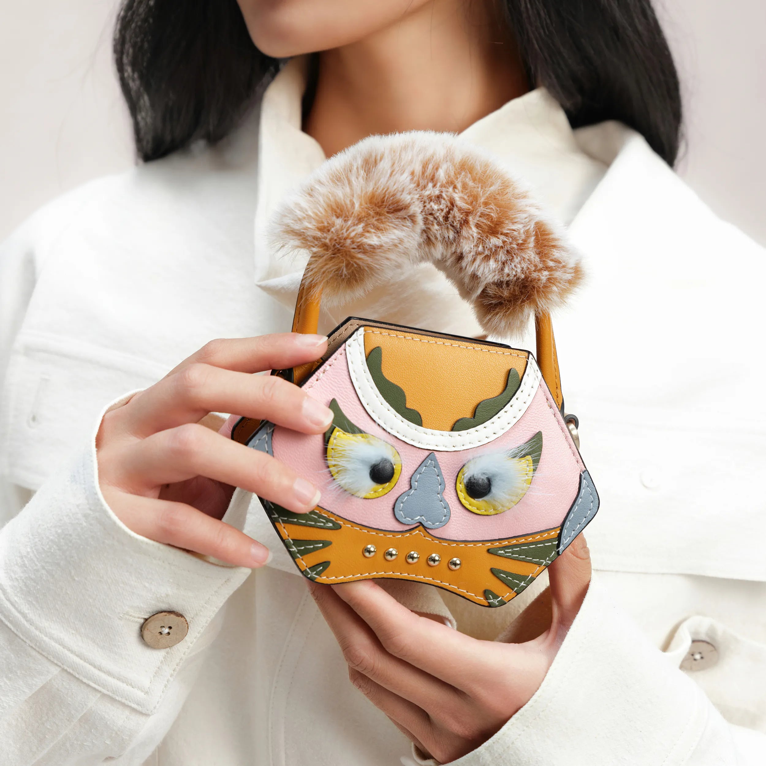 Bampo tiger pop mini purse in yellow on Model 1