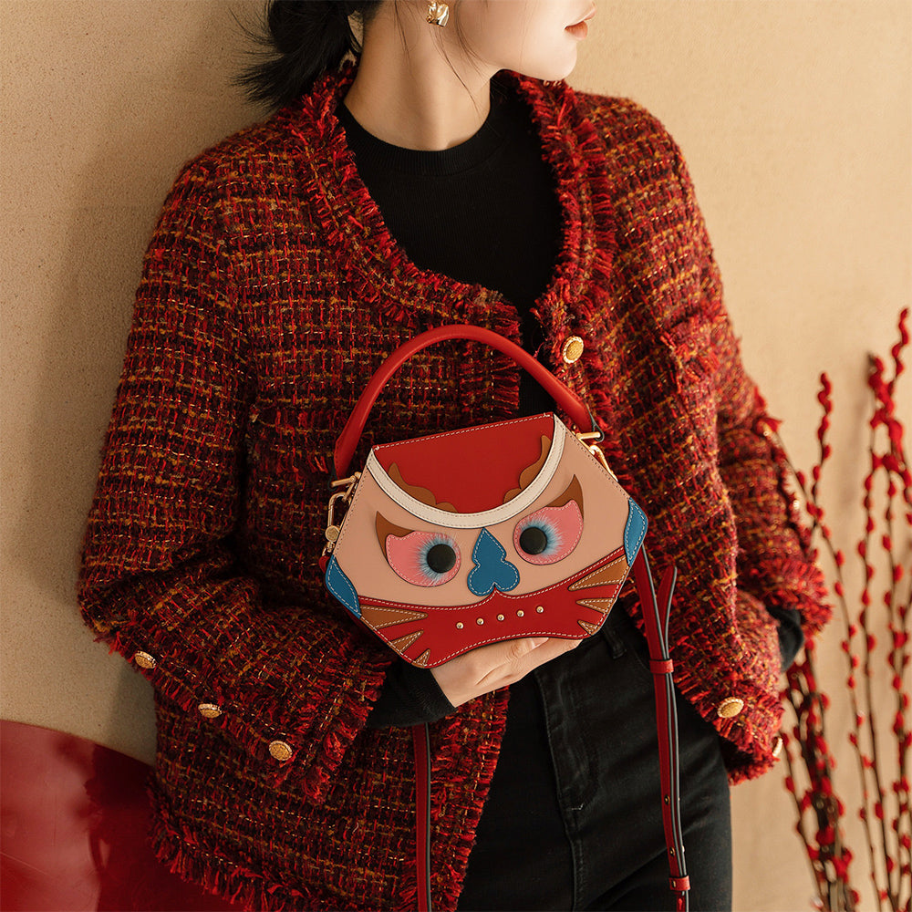 Bampo Tiger Pop Small Handbag in Red on Model 1#color_red