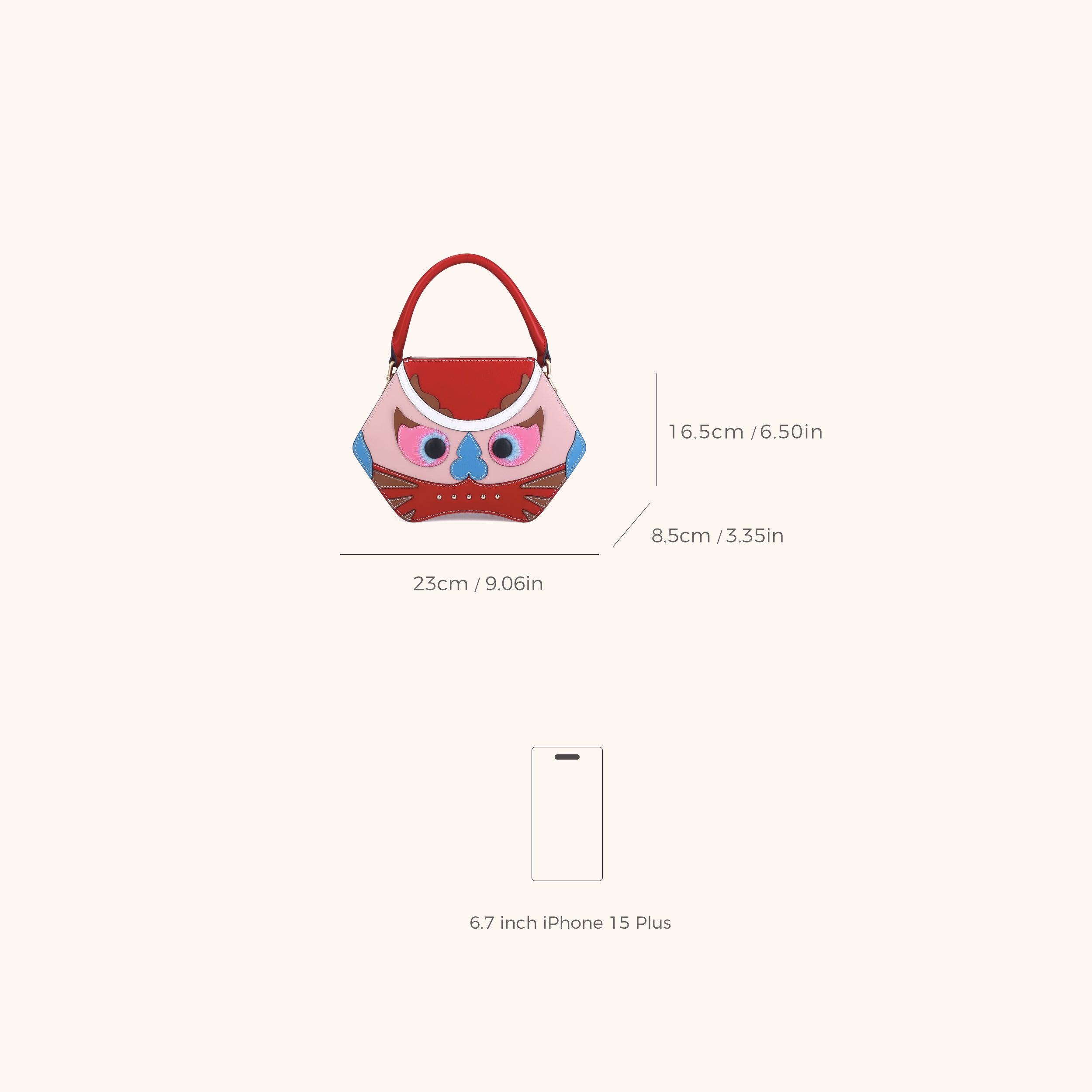 Dimensions of the Bampo tiger pop small handbag in red