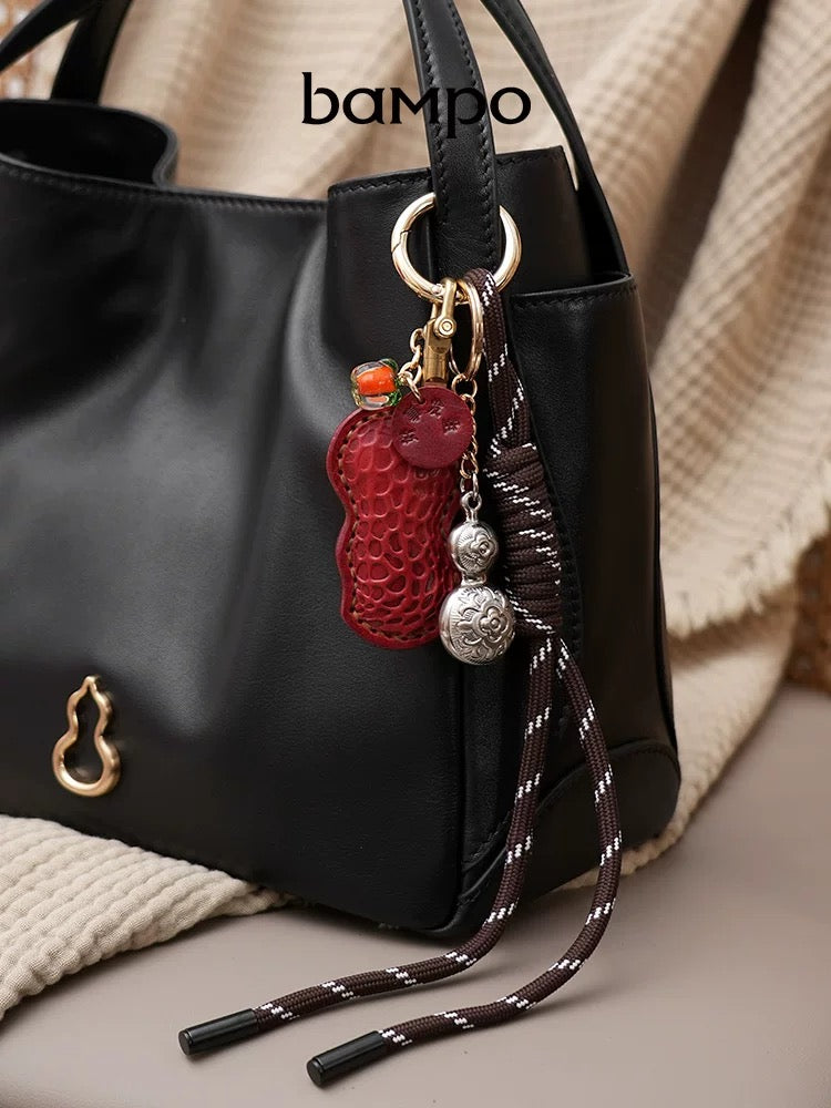 Genuine Leather Peanut Charm Gourd Keychain – Handwoven Lucky Bag Accessory <Fu Lu>