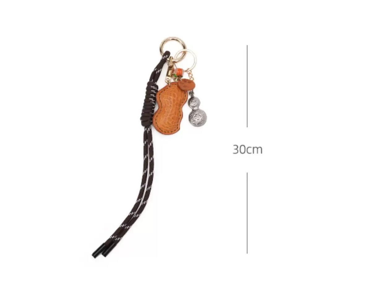 Genuine Leather Peanut Charm Gourd Keychain – Handwoven Lucky Bag Accessory <Fu Lu>