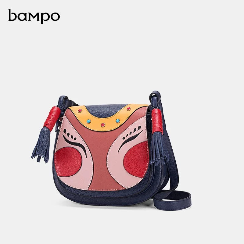 Chinese "New Year Doll" Design Top-Grain Leather Crossbody Saddle Bag <Joy>