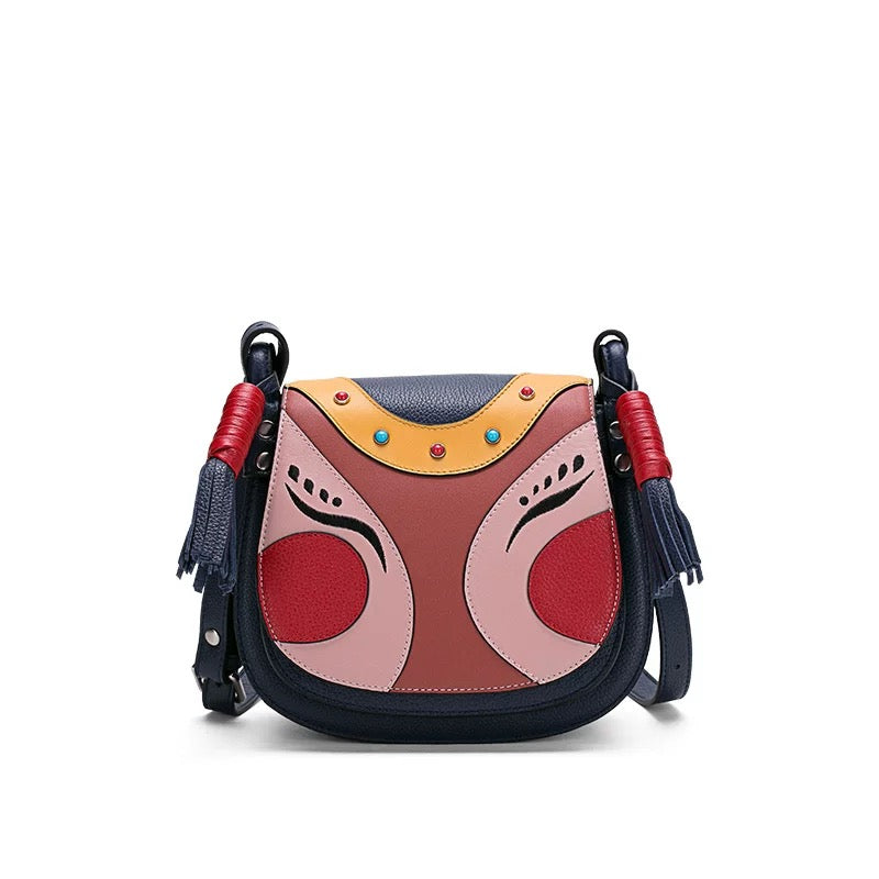 Chinese "New Year Doll" Design Top-Grain Leather Crossbody Saddle Bag <Joy>