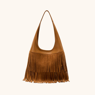Front View of the Bampo Flow Double-Faced Fringe Bag#color_caramel
