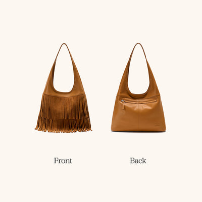Front And Back View of the Bampo Flow Double-Faced Fringe Bag#color_caramel