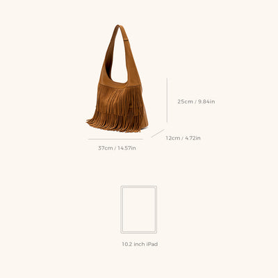 Dimensions of the Bampo Flow Double-Faced Fringe Bag#color_caramel