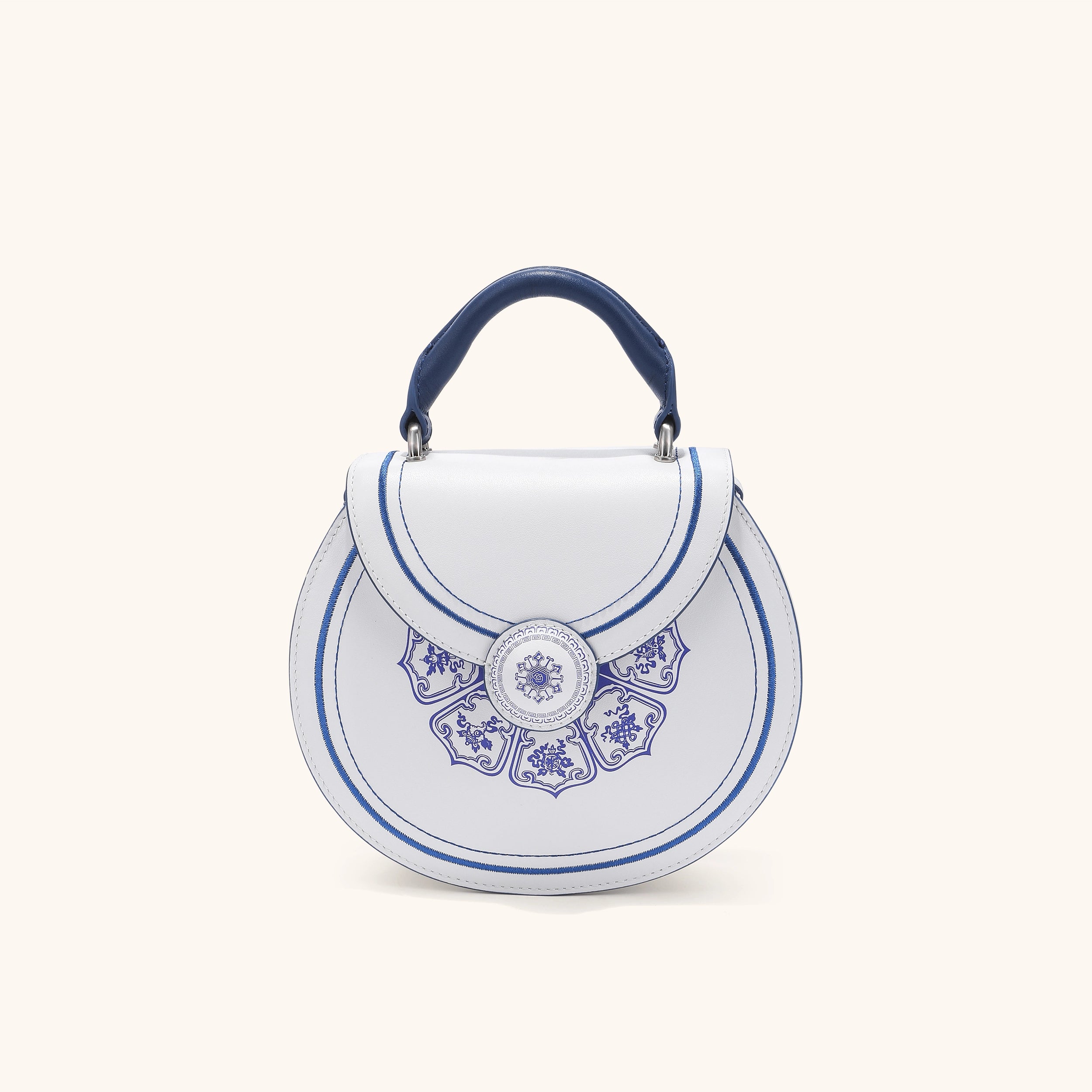 Leather handbag with blue and white porcelain-inspired design | Bampo