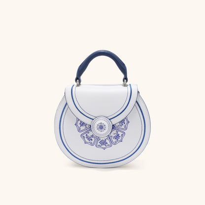 Leather handbag with blue and white porcelain-inspired design | Bampo